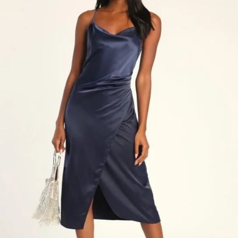 Lulu’s Hollywood Woman Navy Blue Satin Midi Dress